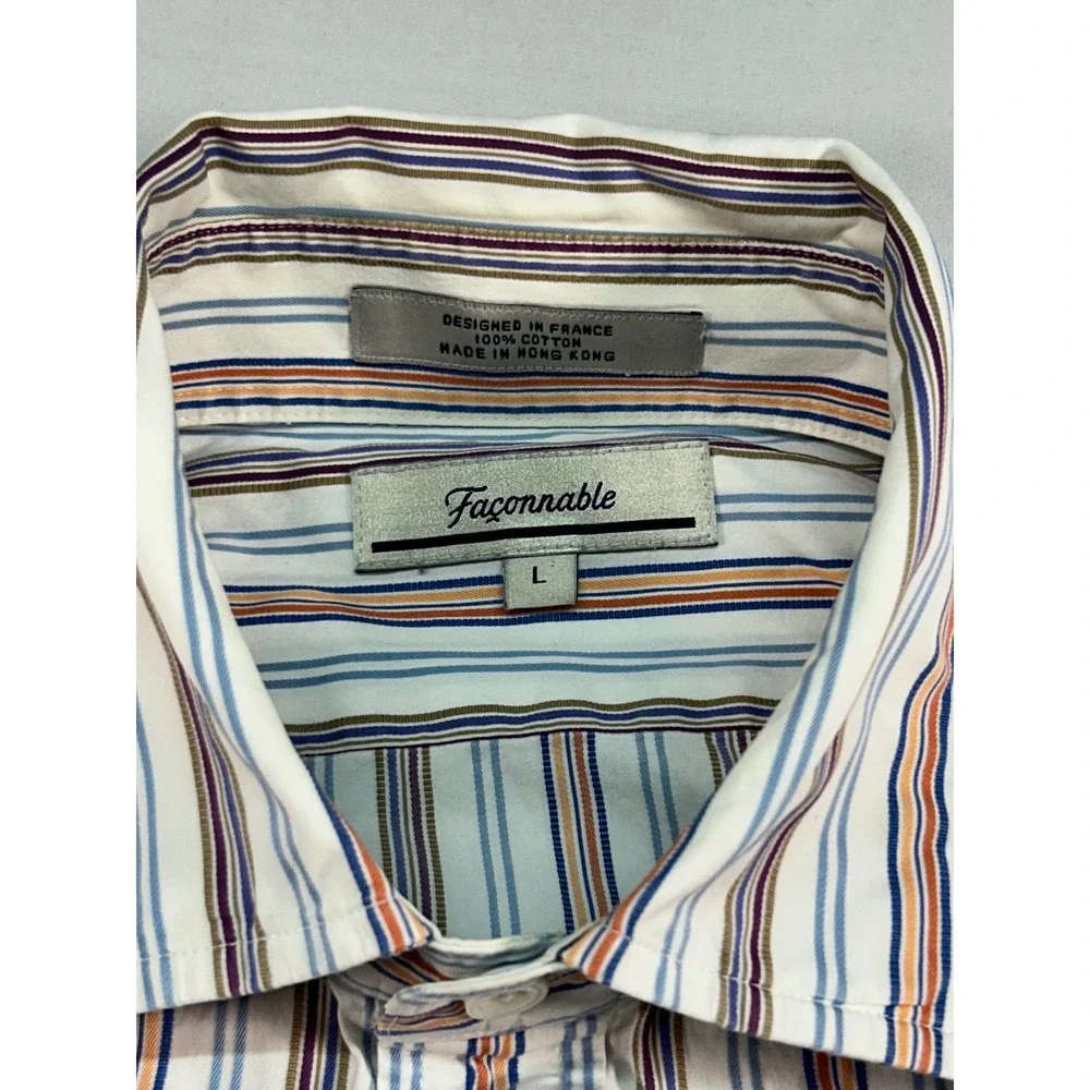 Faconnable Mens Large Striped Button Down Shirt‎ Blue Orange White Cotton L/S